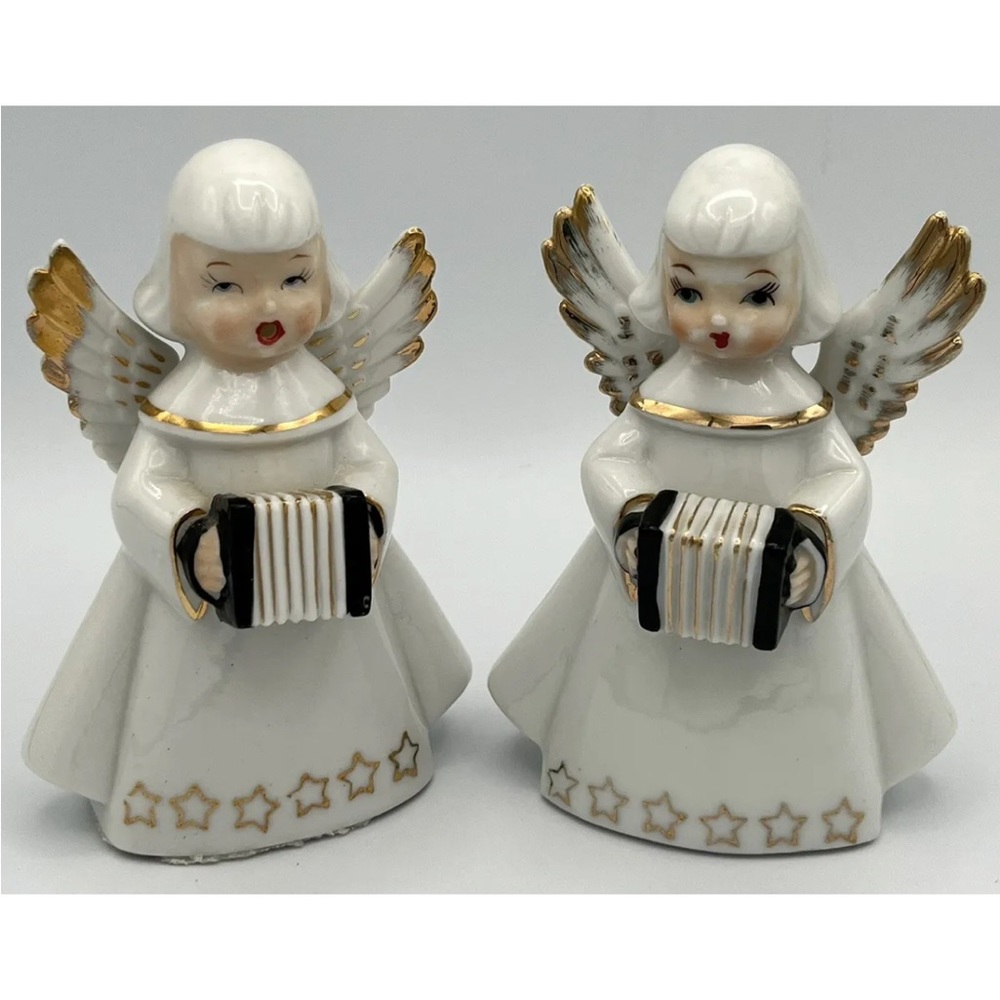 Vintage Chase JAPAN Porcelain Angel Figurines Set of 2 Accordian White Gold